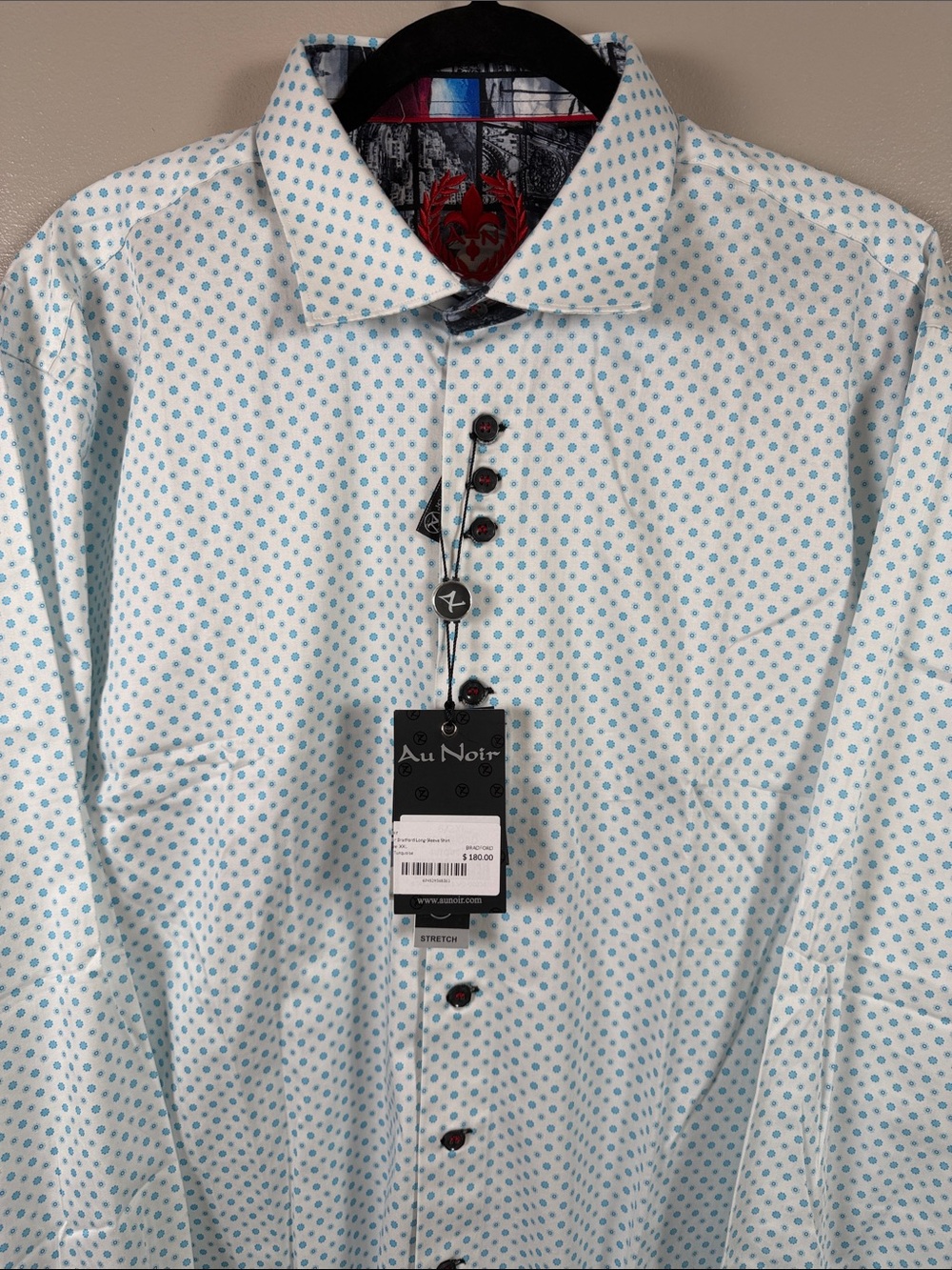 Au Noir Men's White Long Sleeve Dress Shirt with Light Blue Pattern
